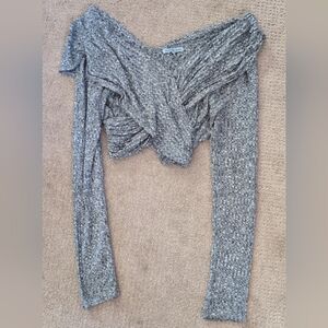 Charlotte Russe Gray Long Sleeve Criss Cross Wrap Ribbed Crop Top